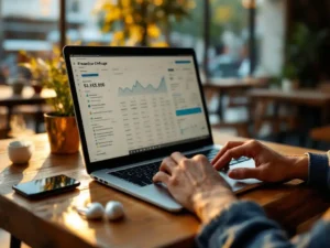 Laptop met financiële spreadsheets op houten cafétafel met smartphone, oordopjes en dampende koffiekop in gouden licht