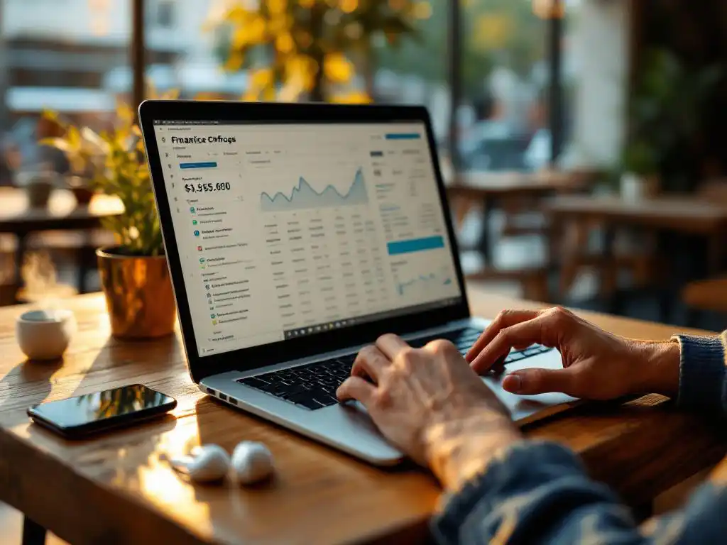 Laptop met financiële spreadsheets op houten cafétafel met smartphone, oordopjes en dampende koffiekop in gouden licht