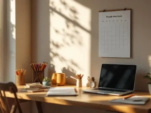 Houten bureau met kleurpotloden, schetsen en laptop naast wandkalender, warme middagzon door raam met vetplant