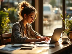 Freelance grafisch ontwerper werkt op laptop aan houten cafétafel met paspoort, reisdocumenten, koffie en vetplant in warm zonlicht