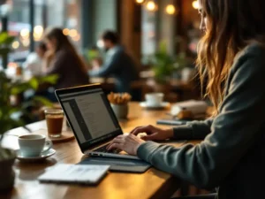 Freelance grafisch ontwerper werkt op laptop aan houten cafétafel met schetsboek, koffie en creatieve materialen