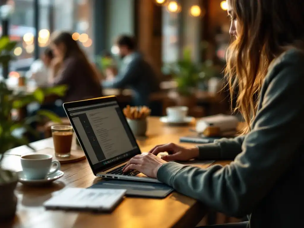 Freelance grafisch ontwerper werkt op laptop aan houten cafétafel met schetsboek, koffie en creatieve materialen