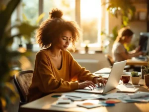 Freelancer werkt aan laptop op houten bureau in lichte coworking ruimte met koffie, plant en ontwerpschetsen