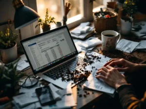 Rommelig thuiskantoor bureau met laptop, financiële documenten, omgevallen plantje en warme avondlicht door raam