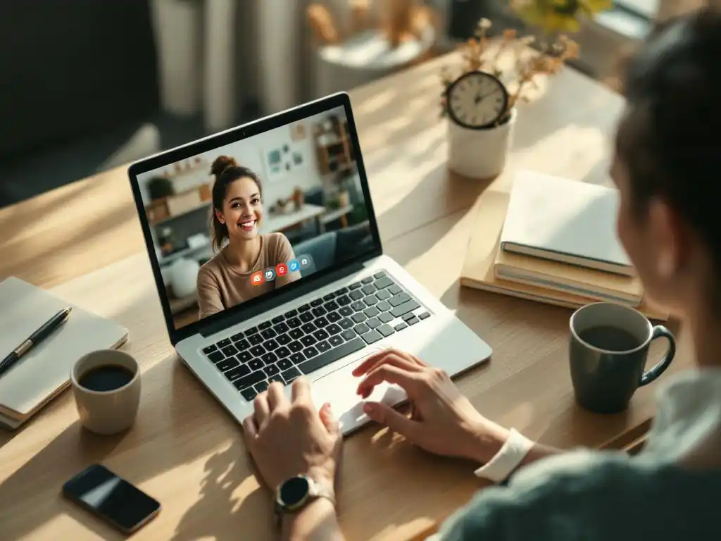 Freelancer werkt vanuit huis aan laptop met videogesprek, koffiemok en projectmappen op houten bureau bij raam