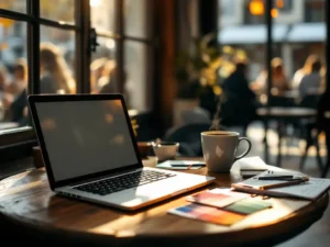 Laptop op houten cafétafel met koffiekop en creatieve materialen in warm zonlicht van Europees café