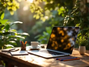 Laptop en koffiekopje op rustieke houten tafel in zonnig tuincafé omgeven door groene planten en gevlekt zonlicht