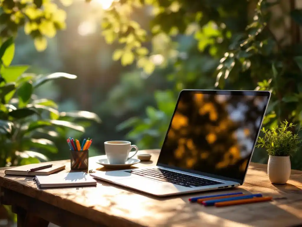 Laptop en koffiekopje op rustieke houten tafel in zonnig tuincafé omgeven door groene planten en gevlekt zonlicht