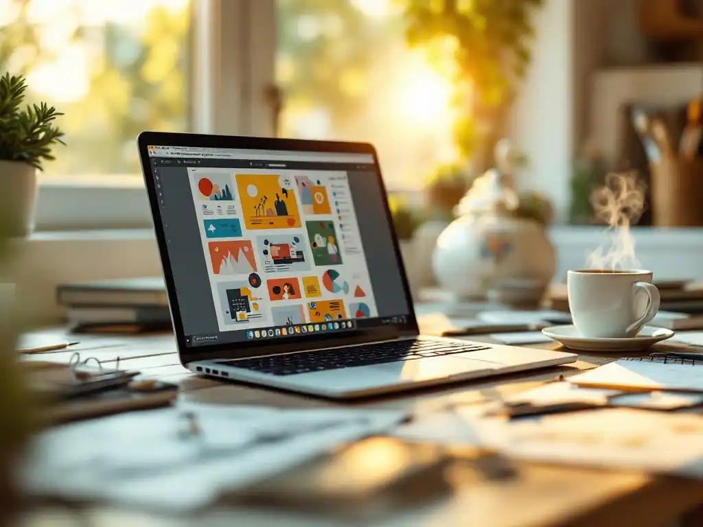 Laptop met kleurrijk ontwerpwerk op rustieke houten keukentafel, omringd door penselen, schetsen, koffiemok en vetplant in warme middaglicht