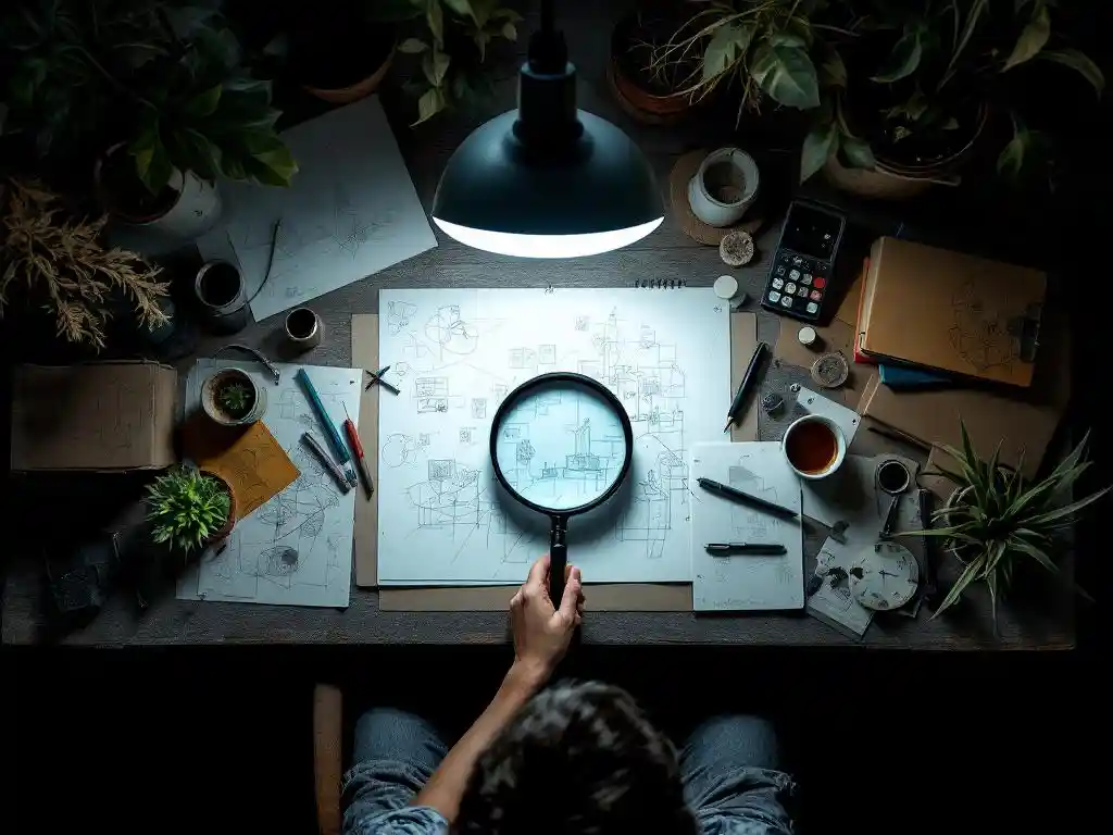 Creatieve werkplek van bovenaf met verspreidde schetsen, vergrootglas dat donkere schaduw werpt over bureau, verwelkte planten in gedempte verlichting