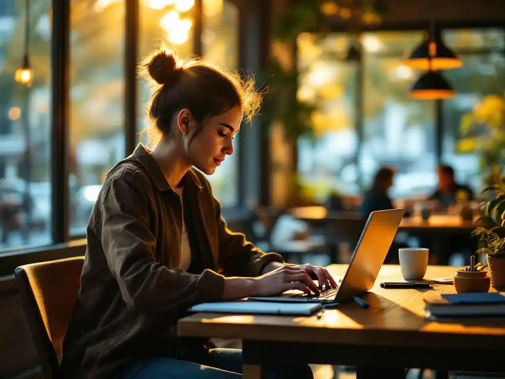 Creatieve professional werkt op laptop aan houten cafétafel met koffiekop en schetsboek, warm natuurlijk licht door grote ramen