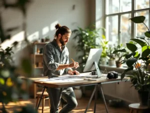 Creatieve professional werkt aan staande bureau in moderne kantoorruimte met ontwerpschetsen, vintage camera en groene planten bij raam