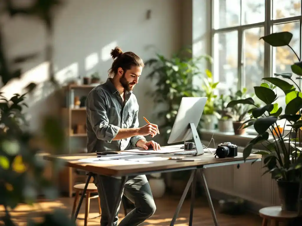 Creatieve professional werkt aan staande bureau in moderne kantoorruimte met ontwerpschetsen, vintage camera en groene planten bij raam