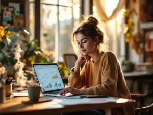 Creatieve professional werkt aan houten bureau met laptop met financiële grafieken, omringd door ontwerpschetsen en kunstbenodigdheden in lichte thuisstudio