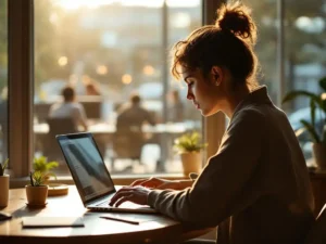 Creatieve professional werkt op laptop aan thuiswerkplek terwijl moderne kantooromgeving zichtbaar is door groot raam