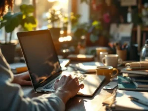 Open laptop op houten bureau met ontwerpschetsen en koffiekopjes, warme middagzon door raam in gezellige thuiswerkplek