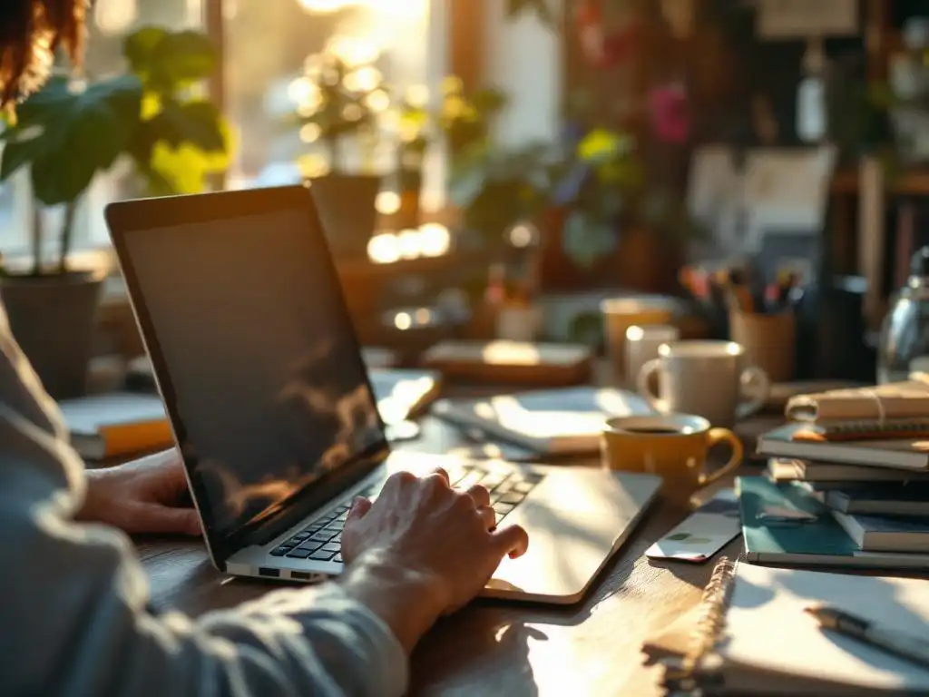Open laptop op houten bureau met ontwerpschetsen en koffiekopjes, warme middagzon door raam in gezellige thuiswerkplek
