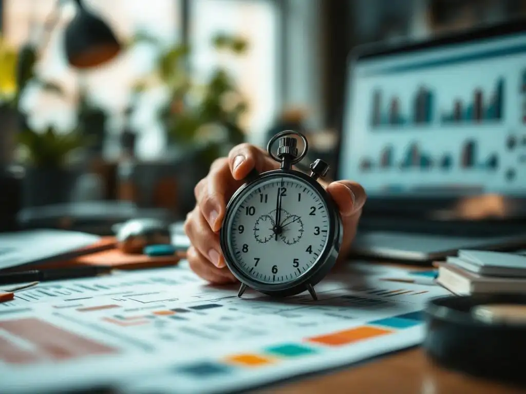 Gefrustreerde creatieve professional staart naar complexe analoge stopwatch op rommelig bureau met ontwerpschetsen en kleurstalen